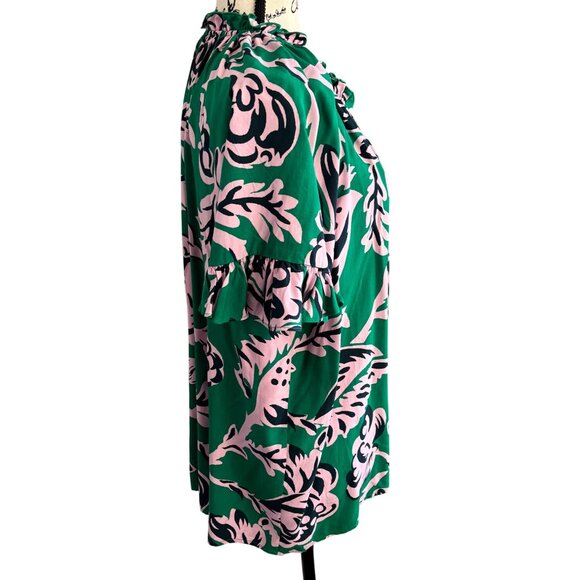 Philosophy Tie Neck Floral Blouse Top Short Ruffle Sleeves Sz Large Green Pink - Picture 5 of 9